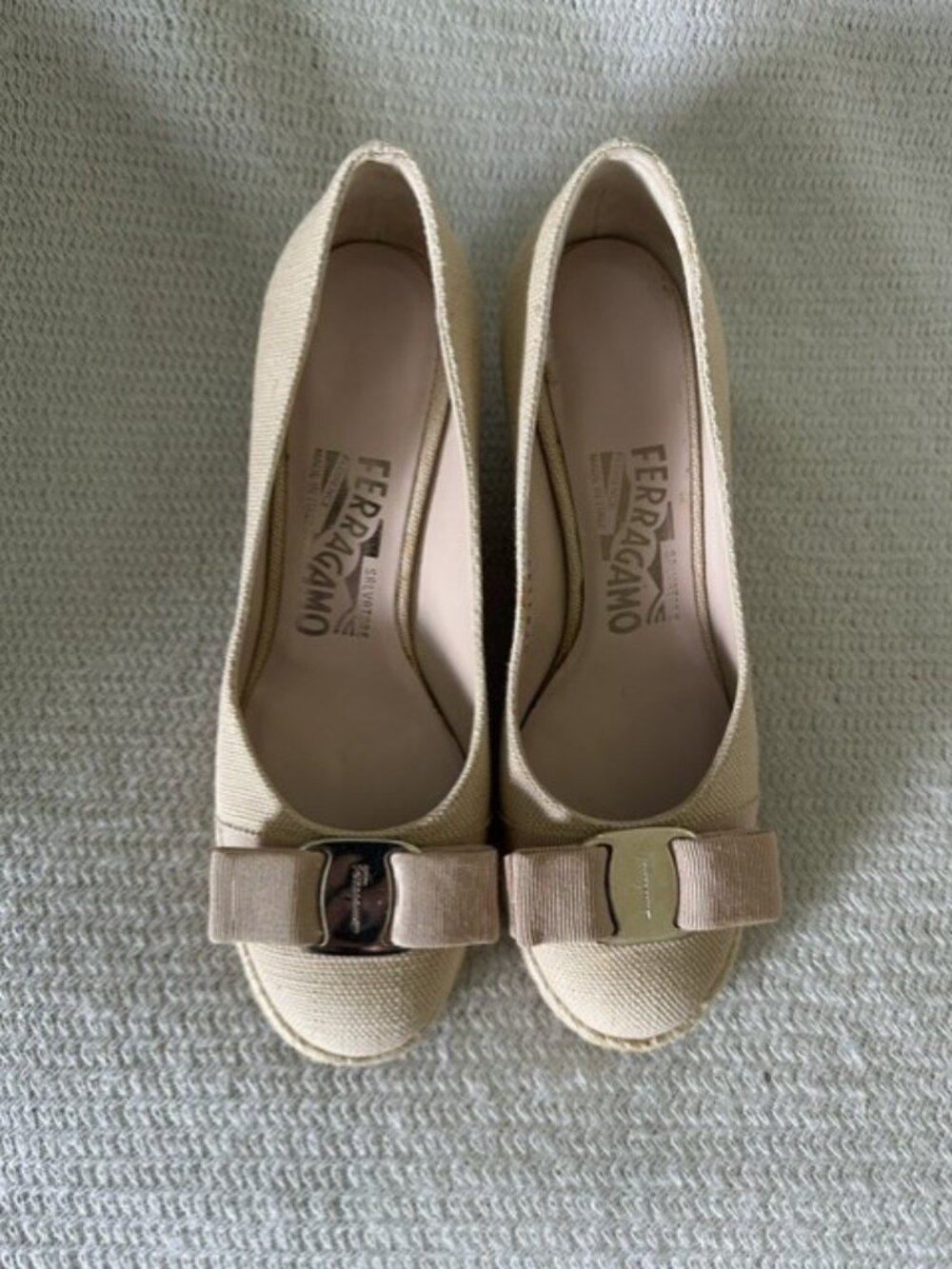 Brand New Women's Size 4B Salvatore Ferragamo Beige Wedge Shoes